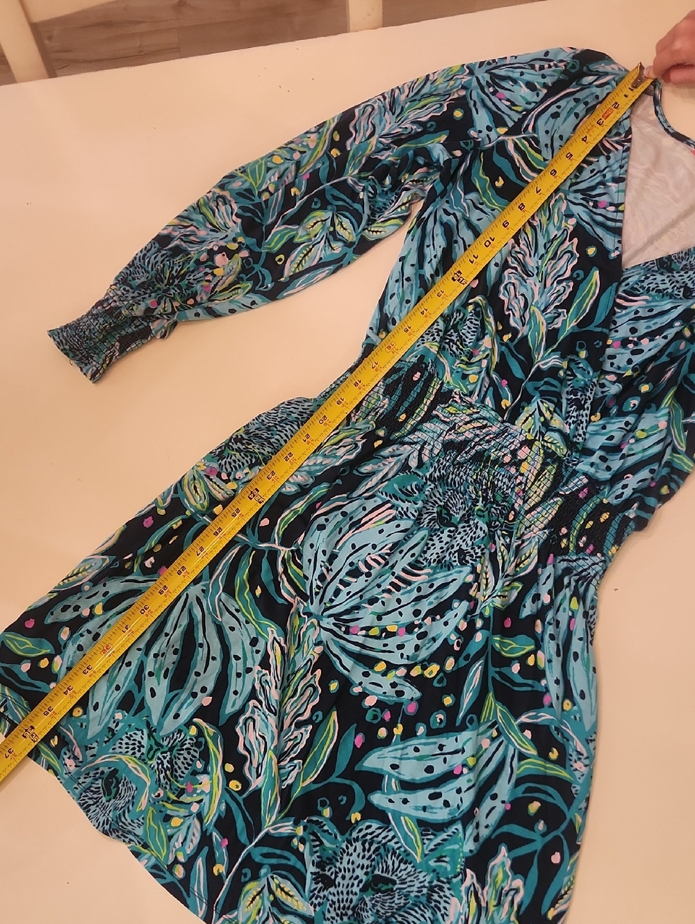 Lilly Pulitzer Tally Smocked Dress Catty Purrsonality Blue Long Sleeve Medium - Picture 11 of 11
